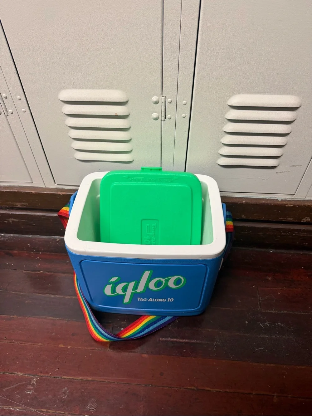 Vintage Igloo tag along 10 Blue Cooler with Green Lid and Rainbow Strap